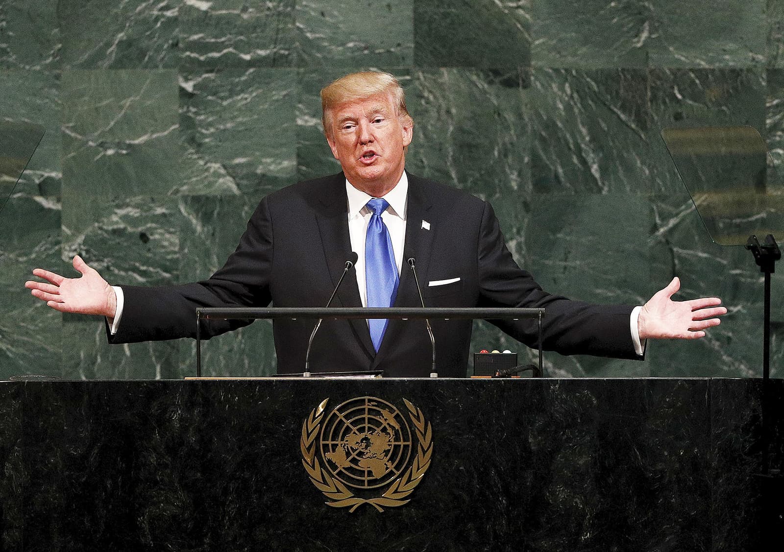 Donald Trump durant la seva intervenció a l'Assemblea General de l'ONU el 2017. Fotografia de Justin Lane. Efe.