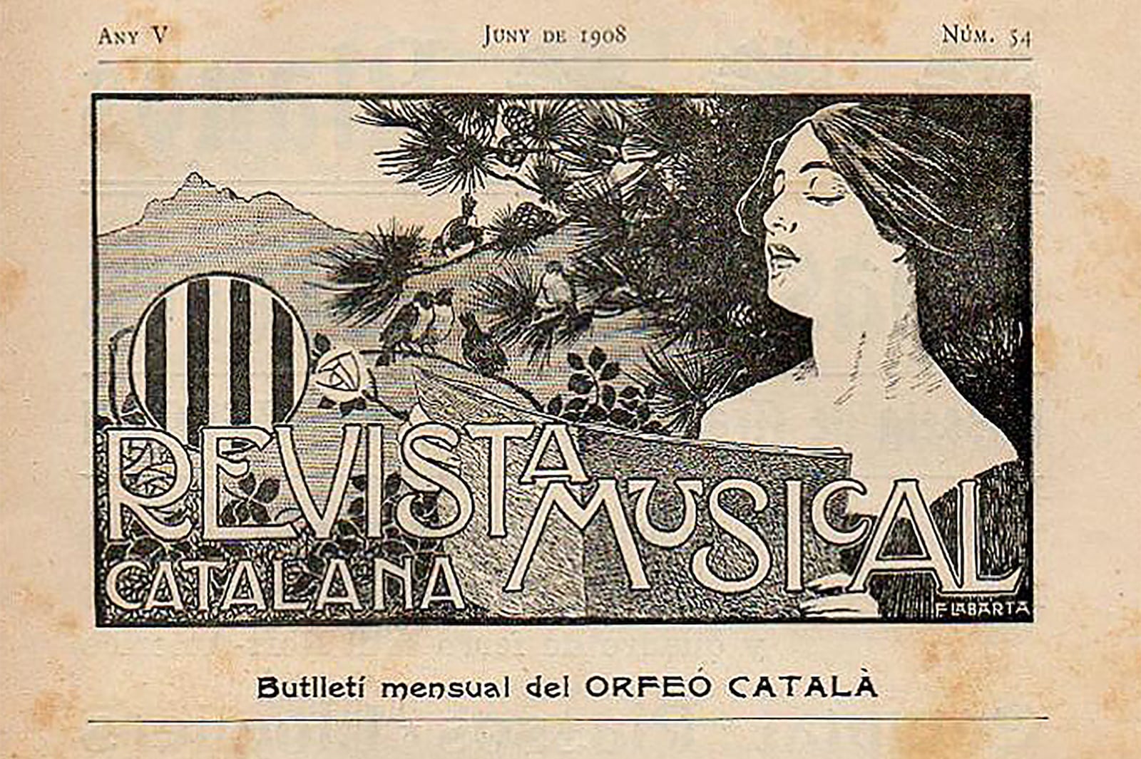 Cabecera de junio de 1908 de la Revista Musical Catalana (1904-1936) con una ilustración de Francesc Labarta. Archivo de Revistas Catalanas Antiguas. Biblioteca de Catalunya.