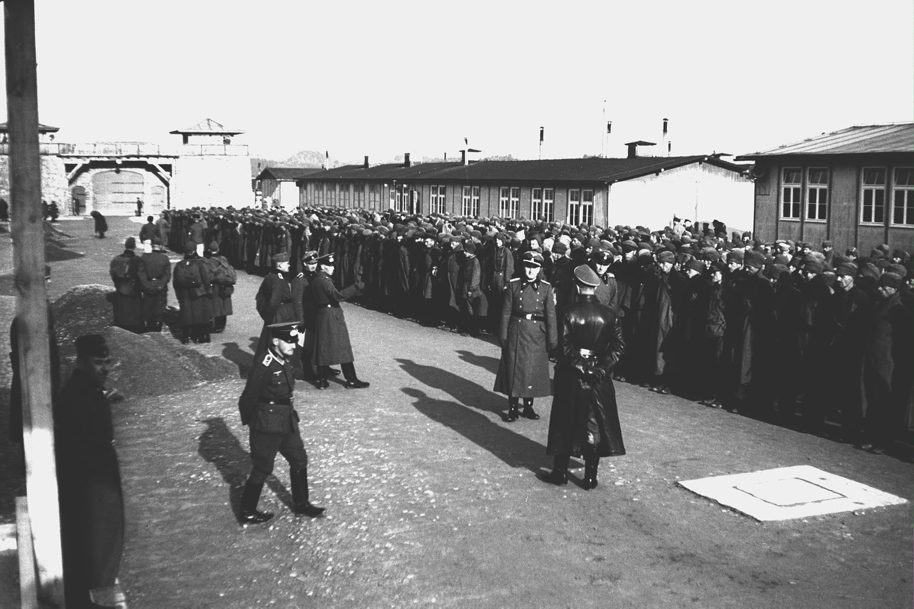 Presoners de guerra soviètics, formats a l’Appellplatz, rebuts per membres de les SS. Es tractava d’un dels primers combois de presoners d’aquesta nacionalitat que van arribar a Mauthausen després de la invasió de la Unió Soviètica, octubre de 1941. Autor: Paul Ricken. MHC (Fons Amical de Mauthausen).