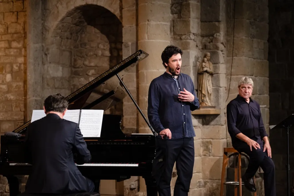 Daniel Heide (piano), Andrè Schuen i Pere Arquillué, a la Schubertíada Vilabertran. Fotografia de David Borrat.